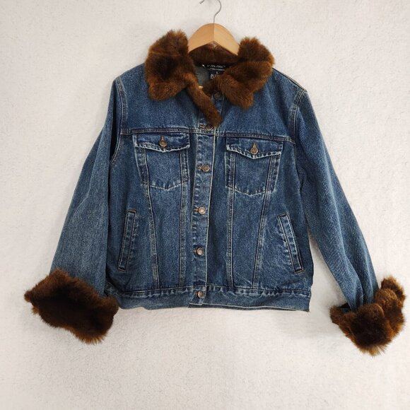 Jean Jacket With Faux Fur Brown Blue Large Vintage - Picture 2 of 9